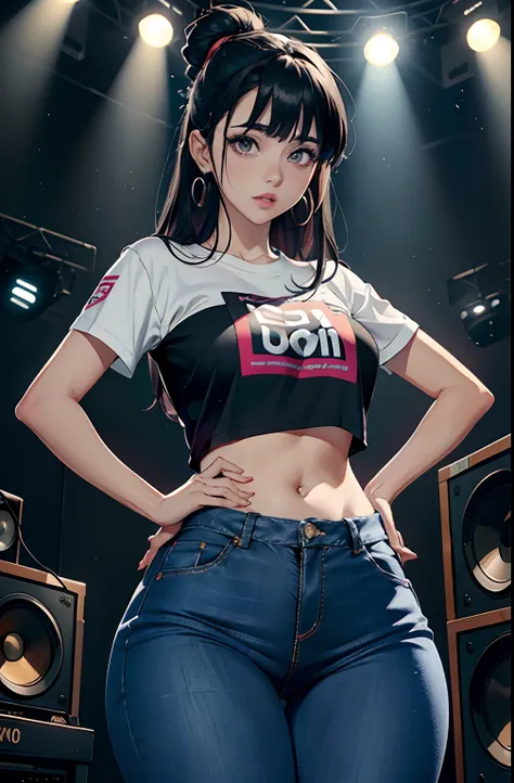 (Hinata Hyuga, muito sensual, com roupas apertadas, bunda grande, pernas grossas, Wearing extremely tight jeans, usando uma mini blusa, umbigo com pirsing, cabelo grande, Speaker behind, muito realista, extremamente sexy, 8k, 8k extremamente detalhado), (u...