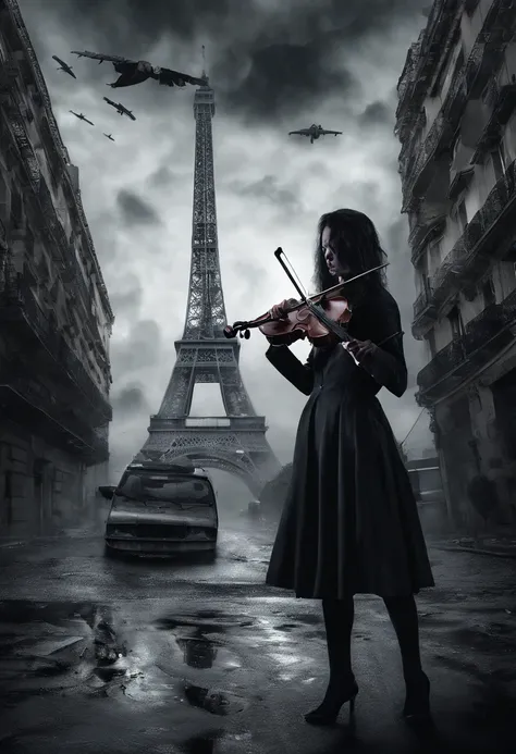 a woman playing violin in the middle of a Paris street, Eiffel tower, a f35 aircraft in the sky