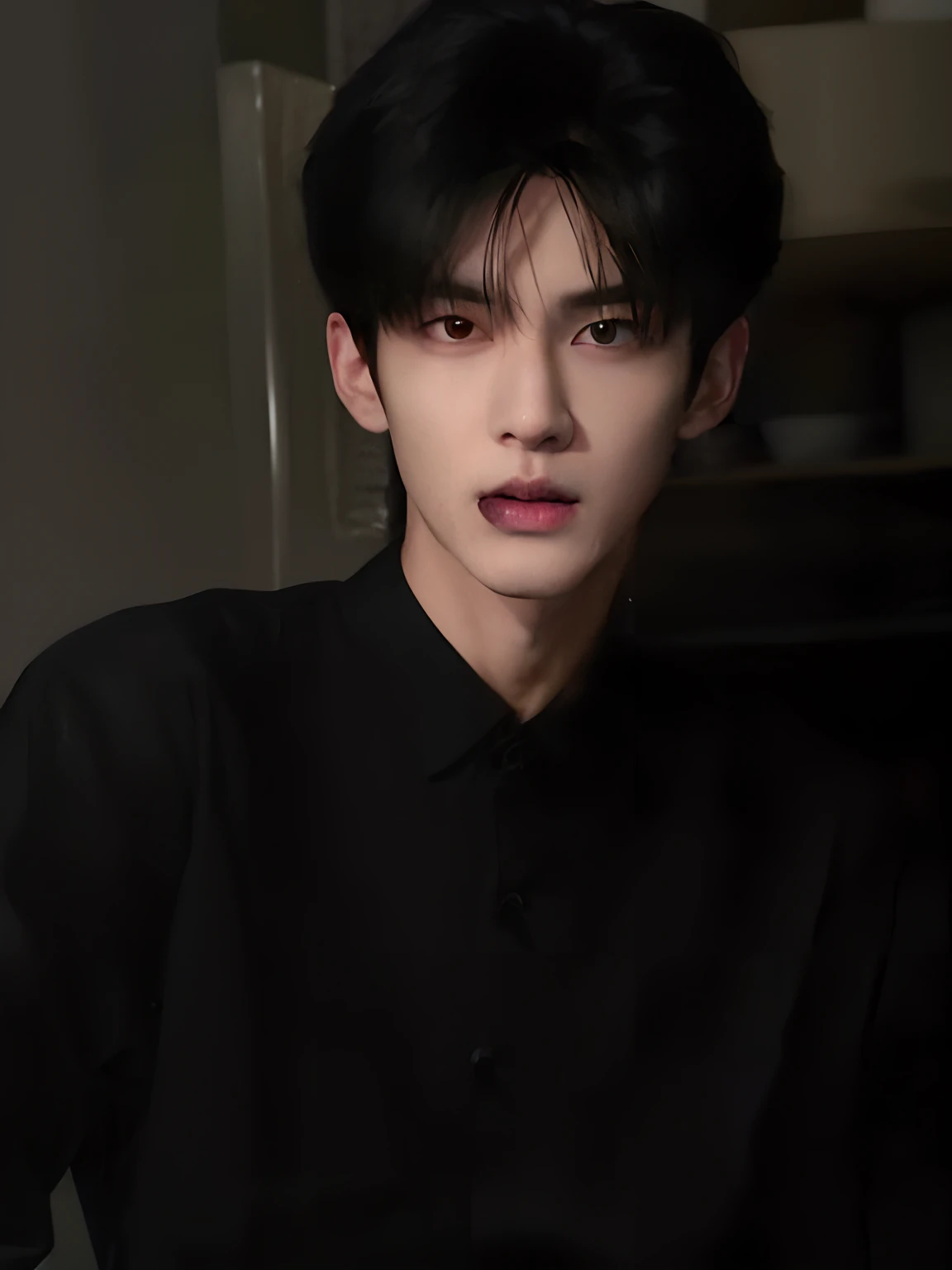 The Arad man in a black shirt sat in a dark room, Kim Do-young, Shin Jinying, Inspired by Zhang Han, Cai Xukun, Inspired by Bian Shoumin, jinyoung shin aesthetic, Male ulzzang, bladee from drain gang, jung jaehyun, inspired by jeonseok lee, portrait of jos...