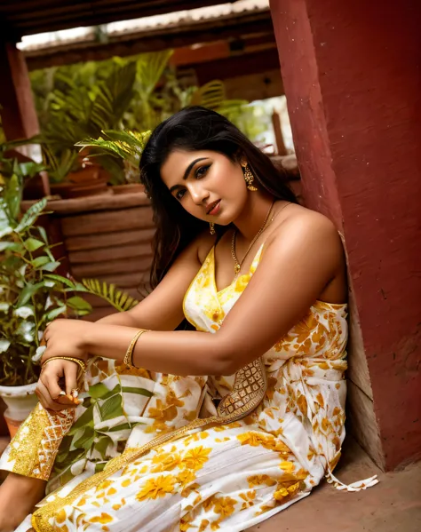 Indian female model divya bharti  sitting on a porch with a plant in the background, candid picture, attractive girl, with lovely look, assamese aesthetic, sexy girl, candid photography, stunning woman, very seductive pose, stunning beauty, traditional bea...