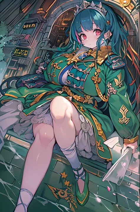 (masutepiece:1.4), (Best Quality:1.4), Extremely detailed, Convoluted, Hyper Detailed, Illustration,Soft lighting, Scenic, 1girl in, feeling of disgust, Navy blue hair, Colorful, colorized, from a_Above ,Vampire_The costume , Runway