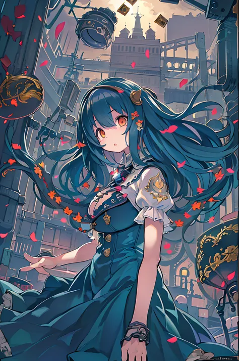 (masutepiece:1.4), (Best Quality:1.4), Extremely detailed, Convoluted, Hyper Detailed, Illustration,Soft lighting, Scenic, 1girl in, feeling of disgust, Navy blue hair, Colorful, colorized, from a_Above ,Vampire_The costume , Runway