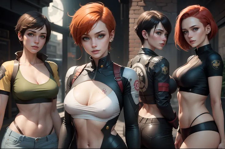 gwen tennyson,tracer,jill valentine, rebecca chambers,overwatch,resident evil,close up,mecha pilot,body paint, haunted mansion,tattoos,blue and gray plugsuit,white short sleeve silk top,steel cargo pants,uncovered belly, short hair,cute makeup,green eyes, ...