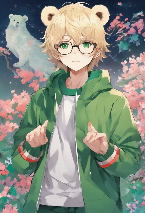 Bear ears、1 boy、a blond、eye glasses、Green eyes、green coat、Human Beauty Boys、short-haired