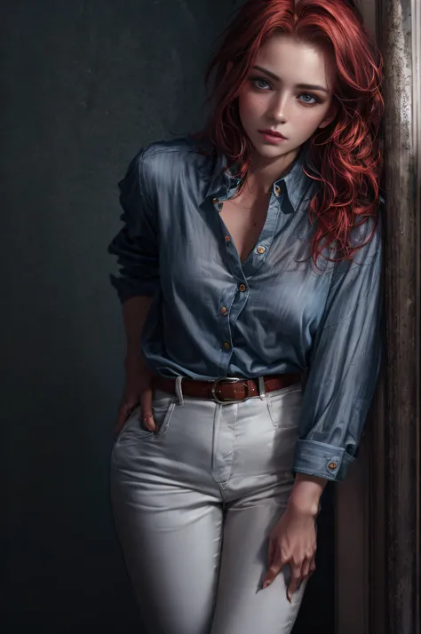 a photo of a seductive woman with loose styled redhead hair, posing in dark studio, she is wearing button-up shirt and trousers,...