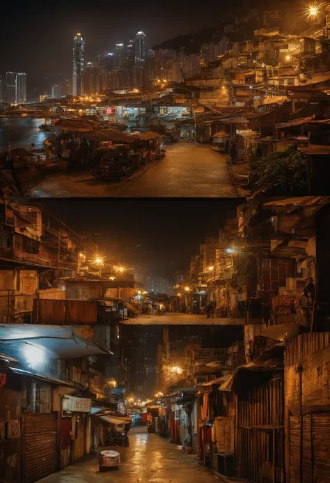 Cinema lenses，cinmatic lighting，Photo , thirties, city，Hong Kong movie scenes，Kowloon Walled City，Cluttered city characters