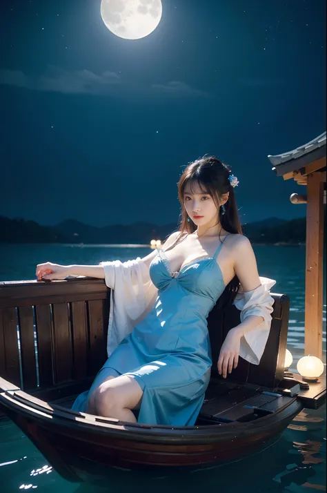 Painting a woman in a blue dress standing on a boat in the water, float under moon light at night, Chinese fantasy, lunar goddess, lunar goddess,， Wide buttock， cleavage,huge boob, tight fit clothes, Goddess of the moon, moonlit night dreamy atmosphere, in...