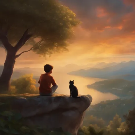 Open the sky and below there is a boy who is sad and a cat is sitting next to him