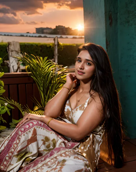 (((An indian female model shraddha kapoor sitting on a porch with a plant and a sky background)))、dark red lips, profile photography, shot with premium dslr camera, with a seductive smile, with lovely look, taken with canon 8 0 d, attractive girl, photo ta...