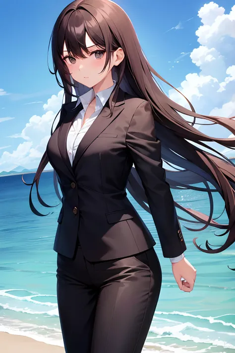 1girl, suit, beach, office lady, black pants, black blazer, brown hair, long hair, teenager,