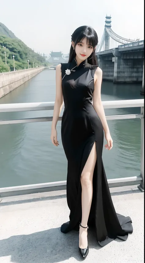 Woman in black dress and white shoes posing on bridge, full-body xianxia, Anime girl wearing black dress, Sexy dress, Chinese girl, she wears a black dress, dressed with long fluent clothes, Wearing a black dress, pretty face with arms and legs, with a thi...