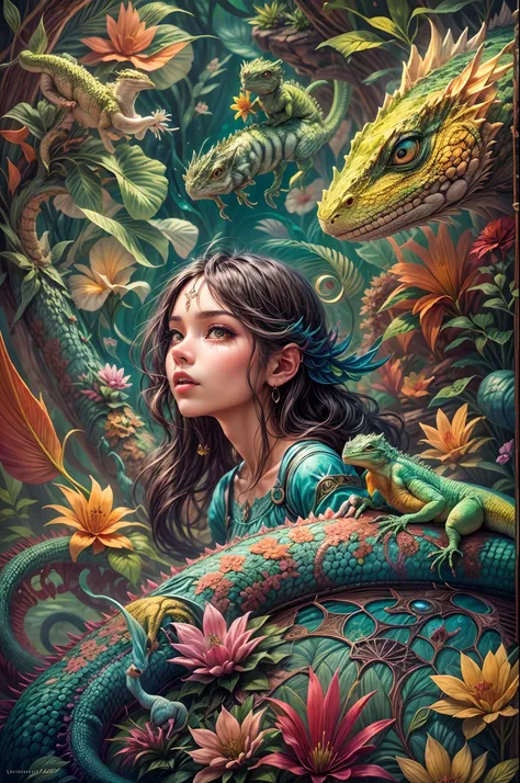 "Painting, girl and lizard, lush fantasy world, whimsical, vivid hues, floating islands, epic adventure, intricate details