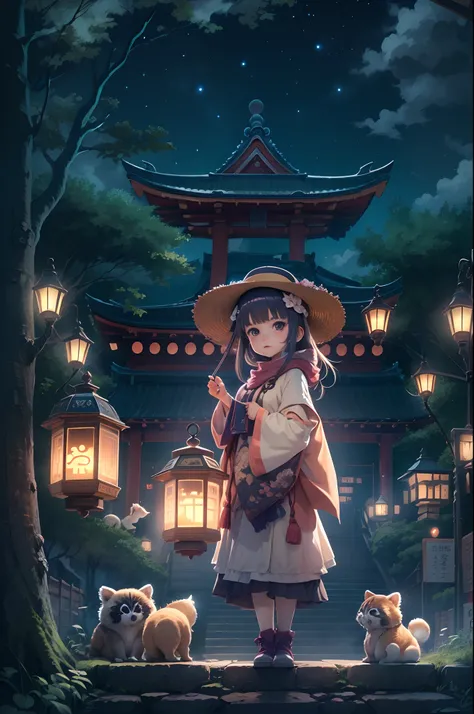 "Magical night anime, shrine under the stars, playful Tanuki, lanterns radiance, young girls adventure"