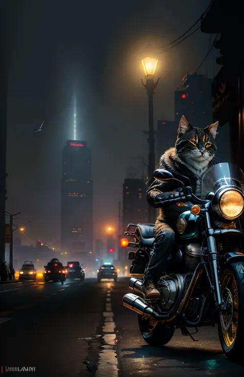 Masterpiece, (ultradadetailed), (Animal anthropomorphism), Gangster theme, Kittens，jaket, Lovely，(((Ride a motorcycle in dim light)))，Machine guns，smog，shadowing，Corrupt cityscape，HighestQuali，solofocus，（Thin and light：1.04），full bodyesbian，复杂（high detal：1...