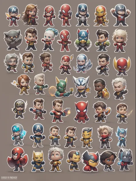 A set of stickers of marvel heroes,gray background, studio lights, shinning and glowing lit effects, detailed sticker set, 24K UHD resolution