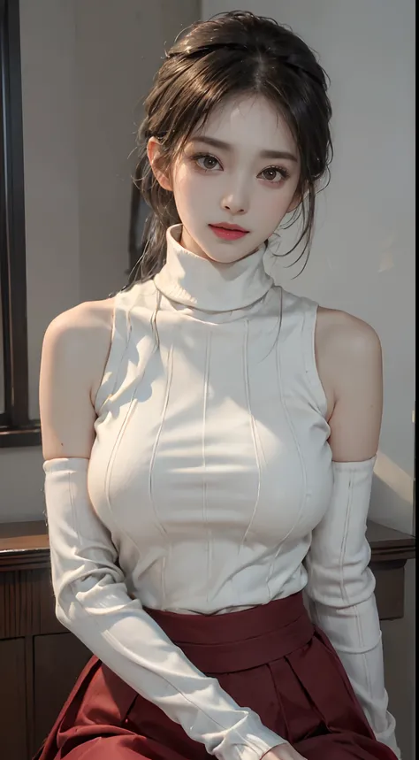 (8K, 超A high resolution, Best Quality, masutepiece:1.2)、RAW portrait of japanese girl、超A high resolution、top-quality、 (huge-breasted,:1.4)、｛Hide all breasts｝｛(Off-white skinny long skirt):1.6｝、(Wear a red sleeveless turtleneck sweater:1.5)、(Keep your crotc...