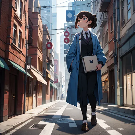 1 woman, dressed as a doctor, walking down a street, on the phone, side perspective, city, high res, ultrasharp, 8k, masterpiece