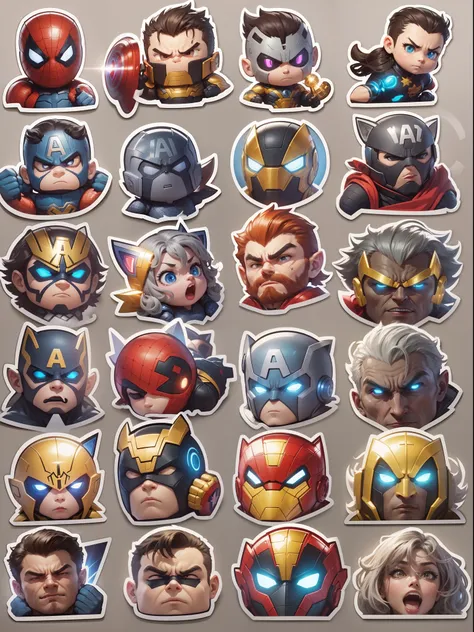 A set of stickers of marvel heroes,gray background, studio lights, shinning and glowing lit effects, detailed sticker set, 24K UHD resolution