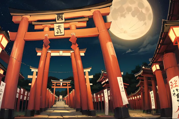 Rice ears、a moon、Continuous torii gates like Fushimi Inari Taisha Shrine