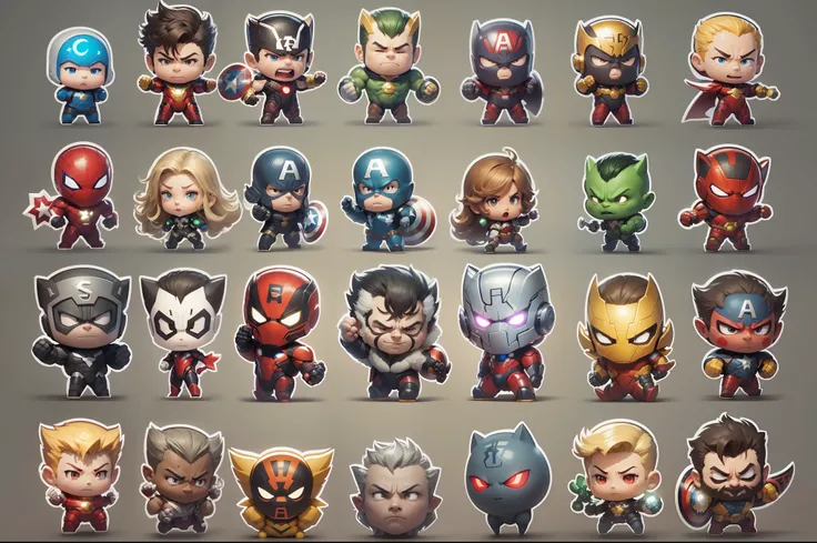 A set of stickers of marvel heroes,gray background, studio lights, shinning and glowing lit effects, detailed sticker set, 24K UHD resolution