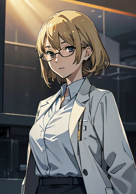 masterpiece,  (volumetric lighting:1.5), (atmospheric:1.5), best quality, best artist, 4k wallpaper, 1girl, ritsuko, lab coat, blonde hair, glasses, happy, large breasts, looking at viewer, solo, showing indifference, soccer field