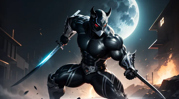 black background, moonlight rays. I suited up to ensure that everything was in order. The white and silver silicon combat costume with black stripes fit me perfectly, accentuating my muscular physique. The fierce-looking mask covering head made me look eve...