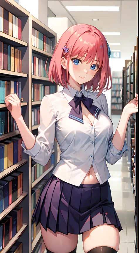 nakano nino, short hair, medium breast, slim legs, happy, cleavage, short skirt, navel, blue eyes, school uniform, thigh high socks, stand, library, pink hair