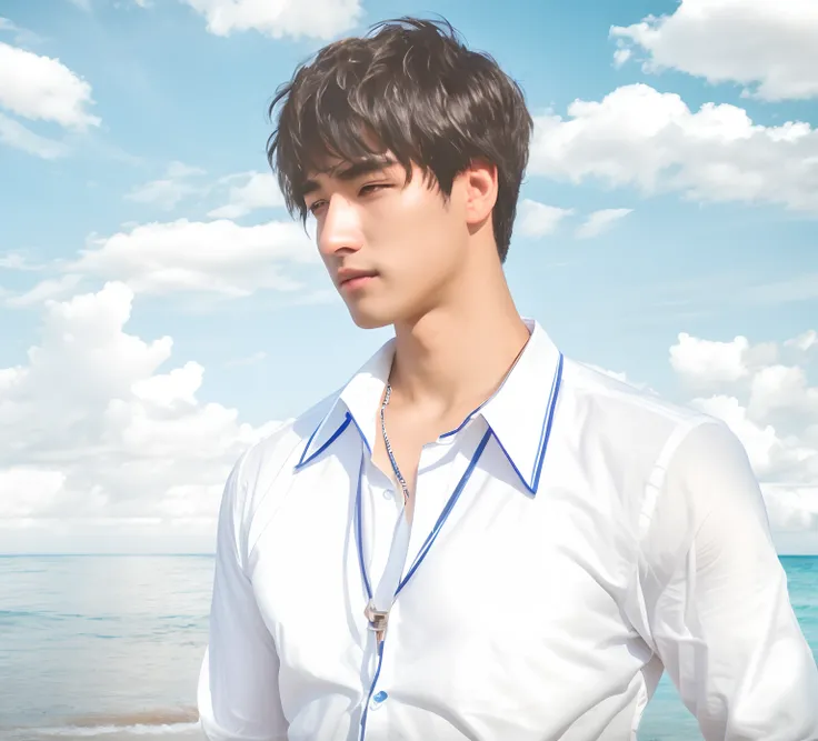 man in white shirt standing on the beach with ocean in background