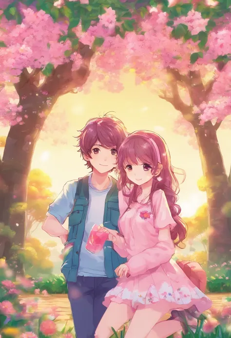 They are in front of a tree with pink flowers, sunny afternoon