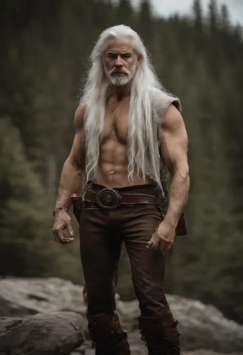 male with wolf ears and a wolf tail, long white hair with flowing long locks, has light beard, shirtless, wearing fingerless gloves, wearing worn jeans, is sweaty