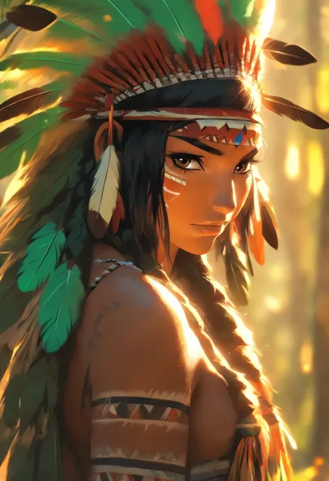 (((Indigenous woman))) best quality, very high resolution, detailed CG in 4K, masterpiece, sexy, green feathers, amazon brazil, rivers, indigenous, indigenous tribes, indigenous city, forest, aesthetics, beautiful image, centered on screen, full body