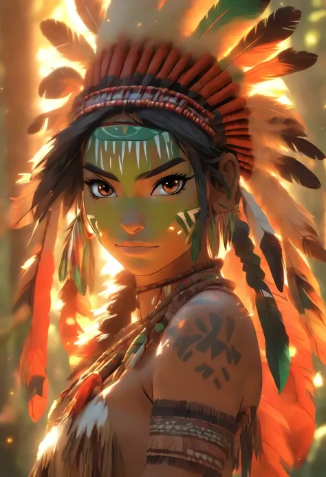 (((Indigenous woman))) best quality, very high resolution, detailed CG in 4K, masterpiece, sexy, green feathers, amazon brazil, rivers, indigenous, indigenous tribes, indigenous city, forest, aesthetics, beautiful image, centered on screen, full body