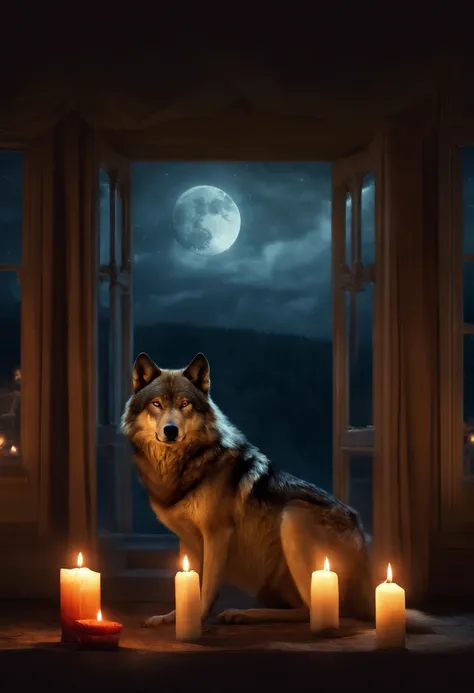 A wolf sitting alone and calm in an appartment, lighted by candles, at night. Behind him, a lot of wolves