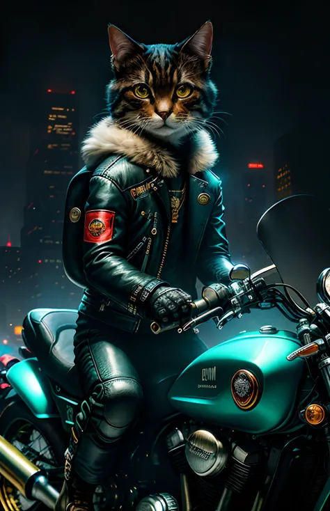 Masterpiece, (ultradadetailed), (Animal anthropomorphism), Gangster theme, Kittens，jaket, Lovely，(((Ride a motorcycle in dim light)))，Machine guns，smog，shadowing，Corrupt cityscape，HighestQuali，solofocus，（Thin and light：1.04），full bodyesbian，复杂（high detal：1...