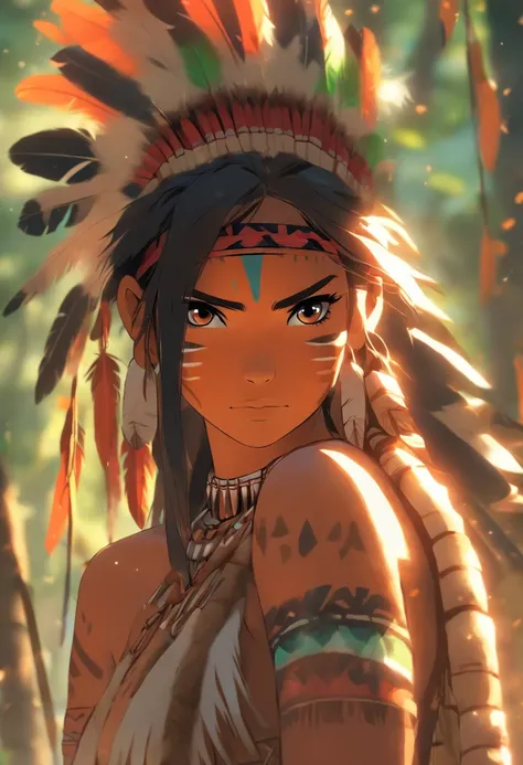 (((Indigenous woman))) best quality, very high resolution, detailed CG in 4K, masterpiece, green feathers, amazon brazil, rivers, indigenous people, indigenous tribes, indigenous city, forest, aesthetics, beautiful image, centered on the screen, full body