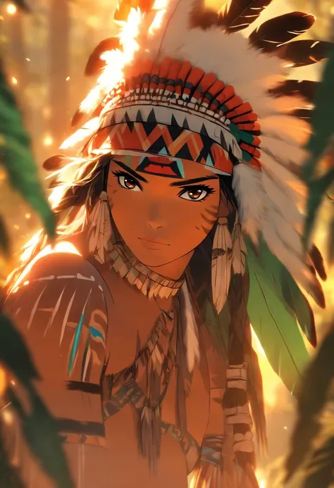 (((Indigenous woman))) best quality, very high resolution, detailed CG in 4K, masterpiece, green feathers, amazon brazil, rivers, indigenous people, indigenous tribes, indigenous city, forest, aesthetics, beautiful image, centered on the screen, full body