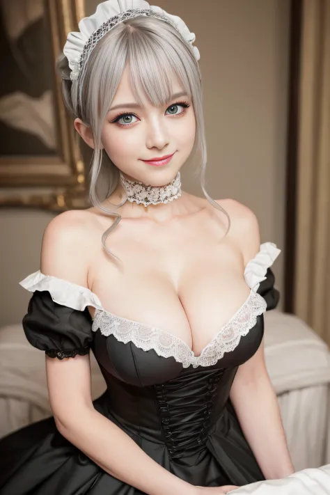 Masterpiece, best quality, nitid, ultra detailed, finely detail eyes, 1girl, medium chest,white hair,color eyes, green eyes,grey short blunt bangs,dark victorian maid, smile,off shoulder