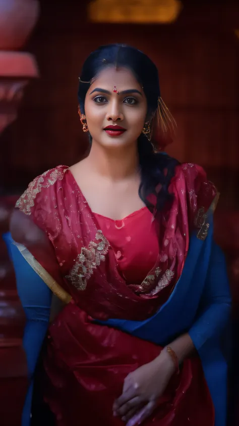 ((dark red big natural lips,sparkling wine eyes and medium breasts))、(((an srilanka model in a red sari and blue blouse)))、 trad...