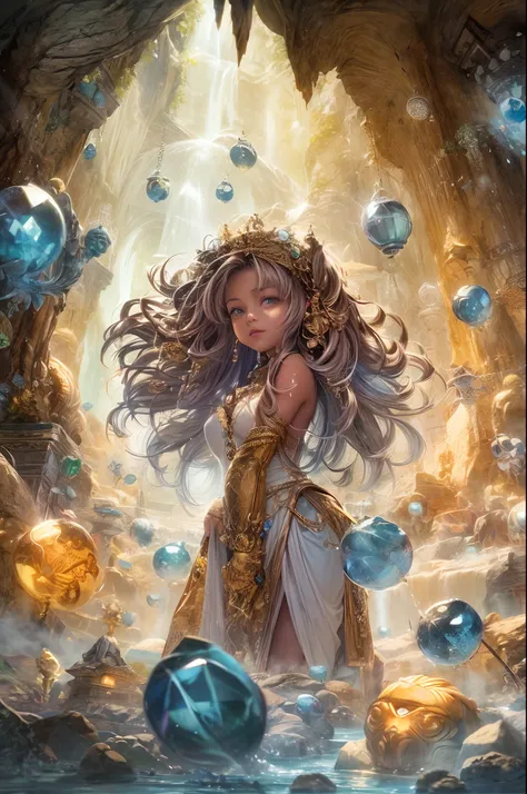 "In the heart of the Cave of Wonders, a girl with flowing hair explores the breathtaking underground grotto. She is surrounded by enormous, glistening gemstones, their vivid colors casting a magical allure. The play of light and shadows adds depth and myst...