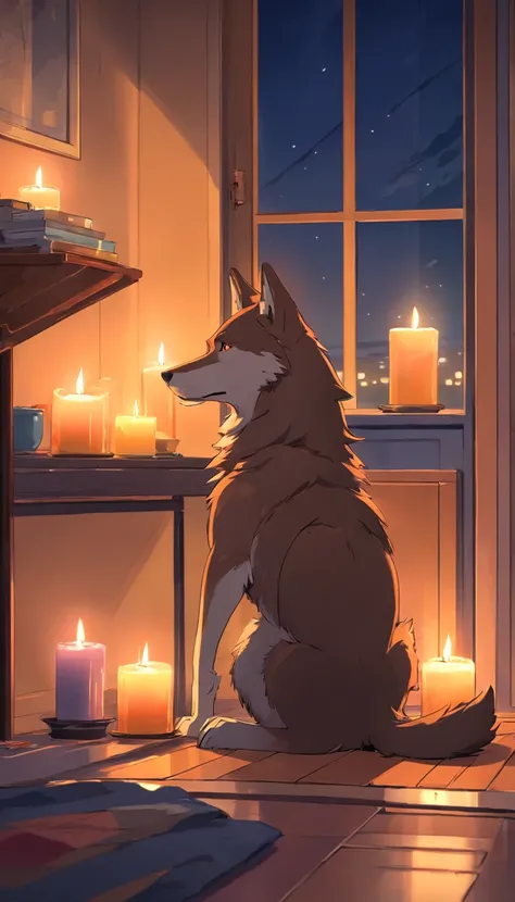 A wolf sitting alone and calm in an appartment, lighted by candles, at night. Behind him, a lot of wolves