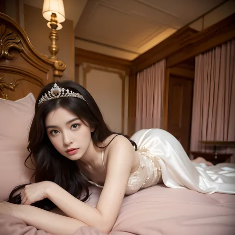 photos realistic, Princesss Room in an Imaginary Kingdom, Princess lying in bed in gorgeous dress.