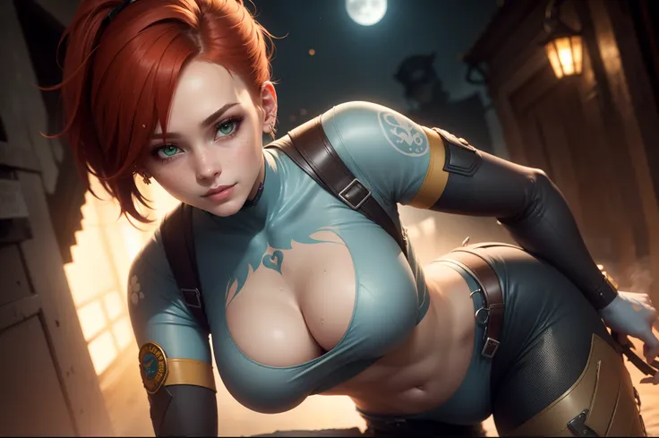 gwen tennyson,tracer,jill valentine, rebecca chambers,overwatch,resident evil,close up,mecha pilot,body paint, haunted mansion,tattoos,blue and gray plugsuit,white short sleeve silk top,steel cargo pants,uncovered belly, short hair,cute makeup,green eyes, ...