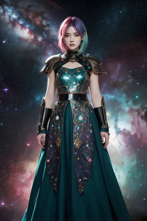 women with rainbow colored hair and detailed teal dress armor, standing, rainbow colored cosmic nebula background, stars, galaxies, intricate details, perfect face