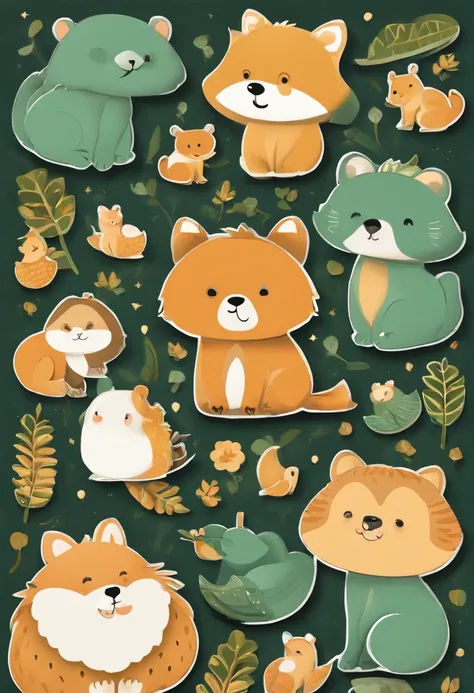 （Cartoon critters），adolable，（Sticker screen），Distributed typesetting，（Sticker style），Flat style，Rich in color，（Small animals）（With white edges），cute illustration，flatillustration，paper cut out，Dark green background，multi-detail，k hd