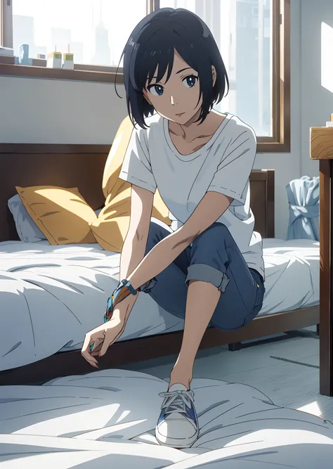 Japanese freshness，Two-dimensional anime，Short haired girl wearing white t-shirt blue denim shorts anime sitting on bed，with fair skin