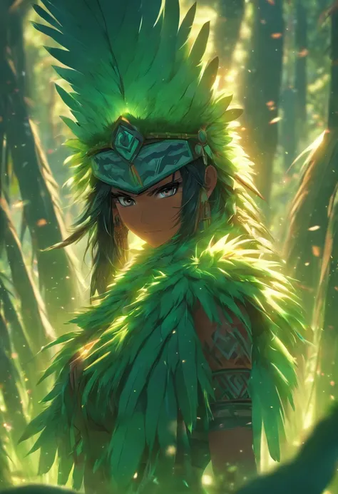 ((( green feathers))) best quality, very high resolution, detailed CG in 4K, masterpiece, indigenous woman, green feathers, amazon brazil, rivers, indigenous, indigenous tribes, indigenous city, forest, aesthetics, beautiful image, centered on screen, full...