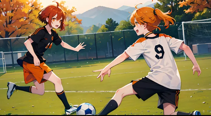 Two Girls、autumnal、Orange hair、Orange eyes、short-cut、Playing Soccer