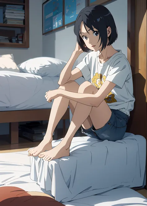 Japanese freshness，Two-dimensional anime，Short haired girl wearing white t-shirt blue denim shorts anime sitting on bed，with fair skin