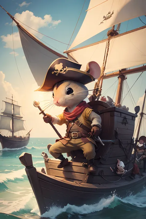 Create a comical scene featuring a crew of adventurous mice as pirates, sailing on a cheese-wheel ship, with the captain mouse brandishing a toothpick sword.