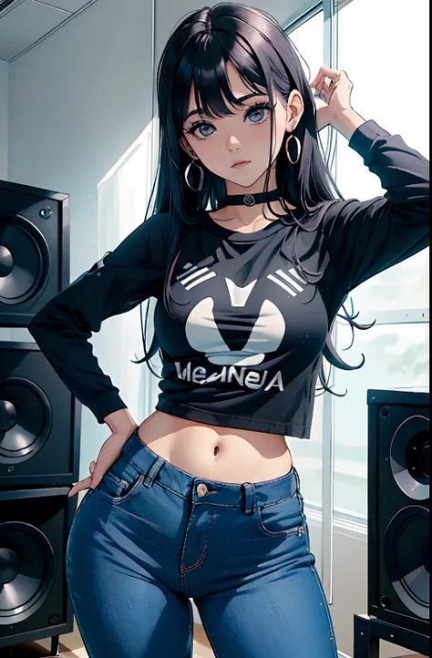 (Hinata Hyuga, muito sensual, com roupas apertadas, bunda grande, pernas grossas, Wearing extremely tight jeans, usando uma mini blusa, umbigo com pirsing, cabelo grande, Speaker behind, muito realista, extremamente sexy, 8k, 8k extremamente detalhado), (u...